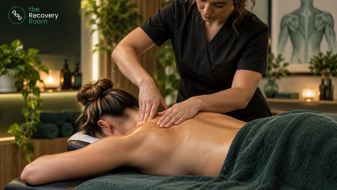 therapist fixing upper back tension for customer.