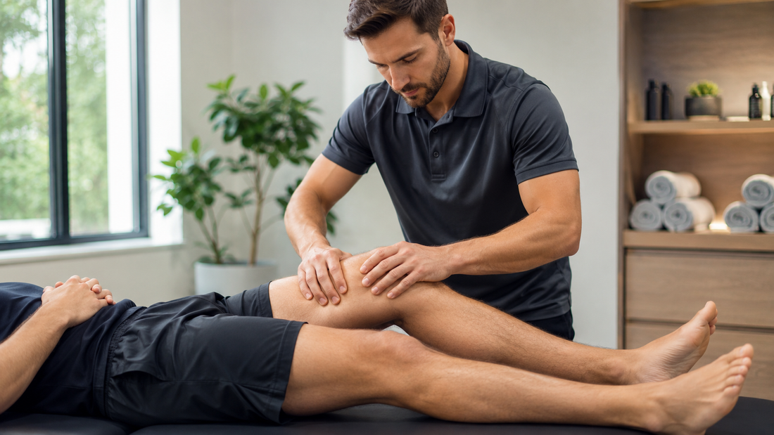 therapist giving sports massage for knee pain. 