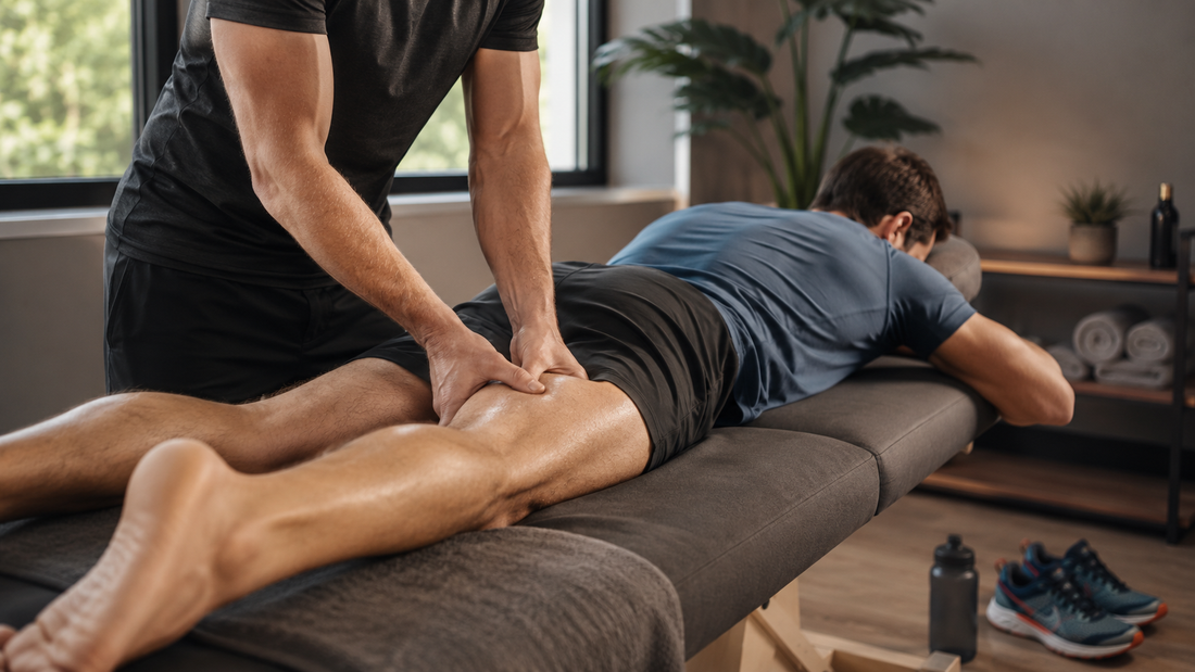 man taking sports massage therapy post recovery after running.